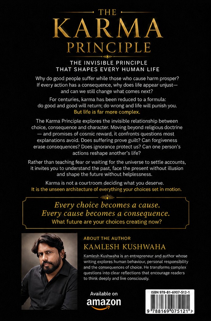 Back cover and synopsis of The Karma Principle by Kamlesh Kushwaha
